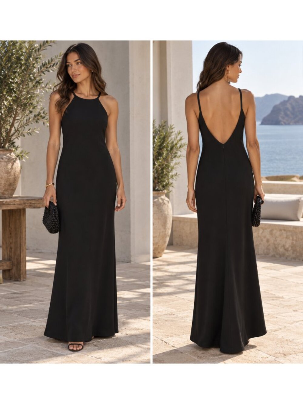 $199 CALVIN KLEIN Open Back Black Hater High Neck Formal Gown Wedding NEW 10